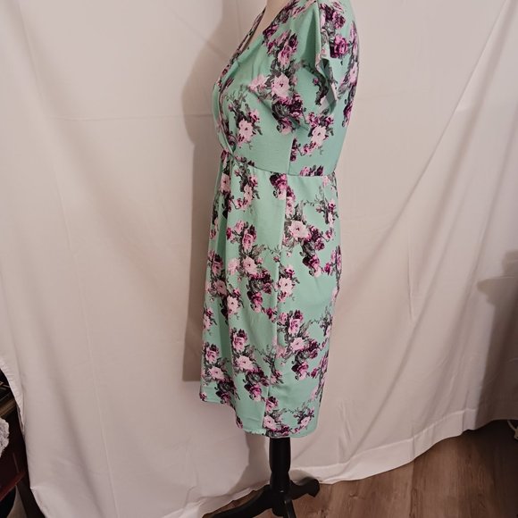 Pink Blush Teal Floral Knee Length Dress Spring Summer - Picture 9 of 10
